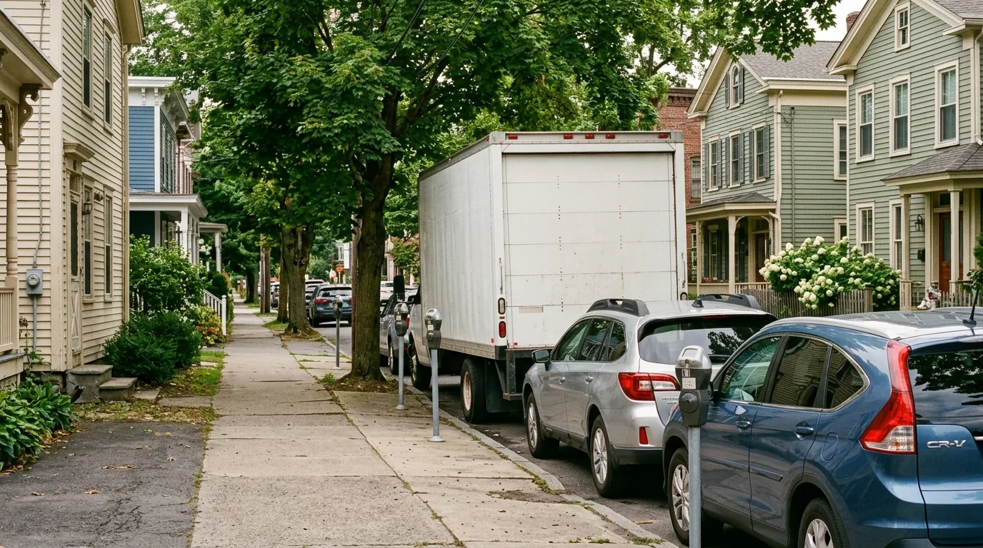 Moving truck parked on a narrow street with older homes and metered parking in Saugerties Moving truck parked on a narrow street with older homes and metered parking in Saugerties.
