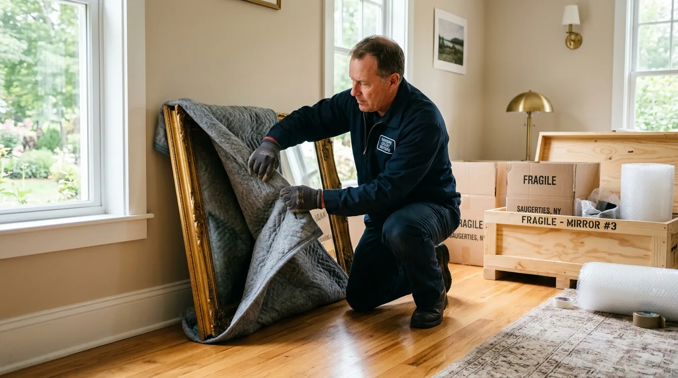 Mover wrapping a large mirror with blankets and preparing a crate in a Saugerties home Mover wrapping a large mirror with blankets and preparing a crate in a Saugerties home.