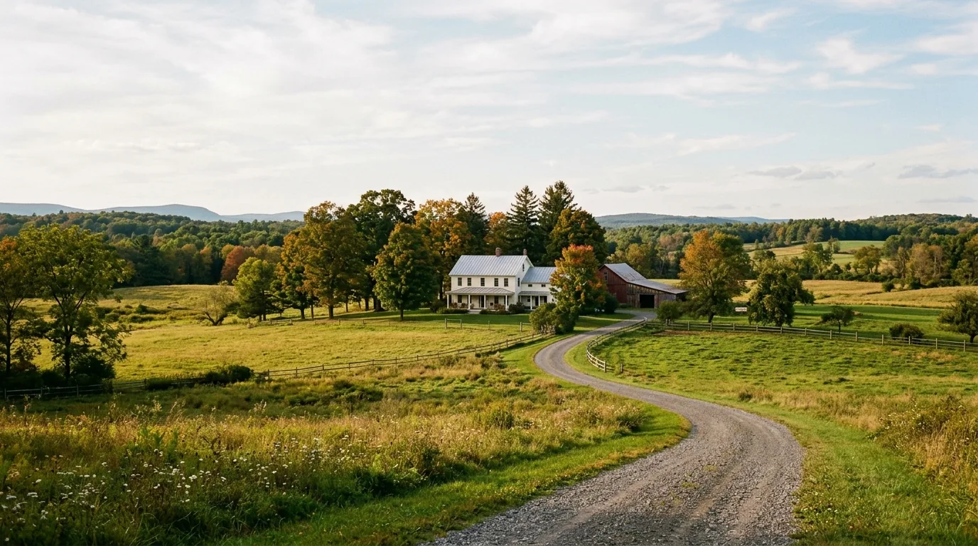 Rural Saugerties farmhouse with gravel drive, open fields, and mature trees in afternoon light Rural Saugerties farmhouse with gravel drive, open fields, and mature trees in afternoon light.