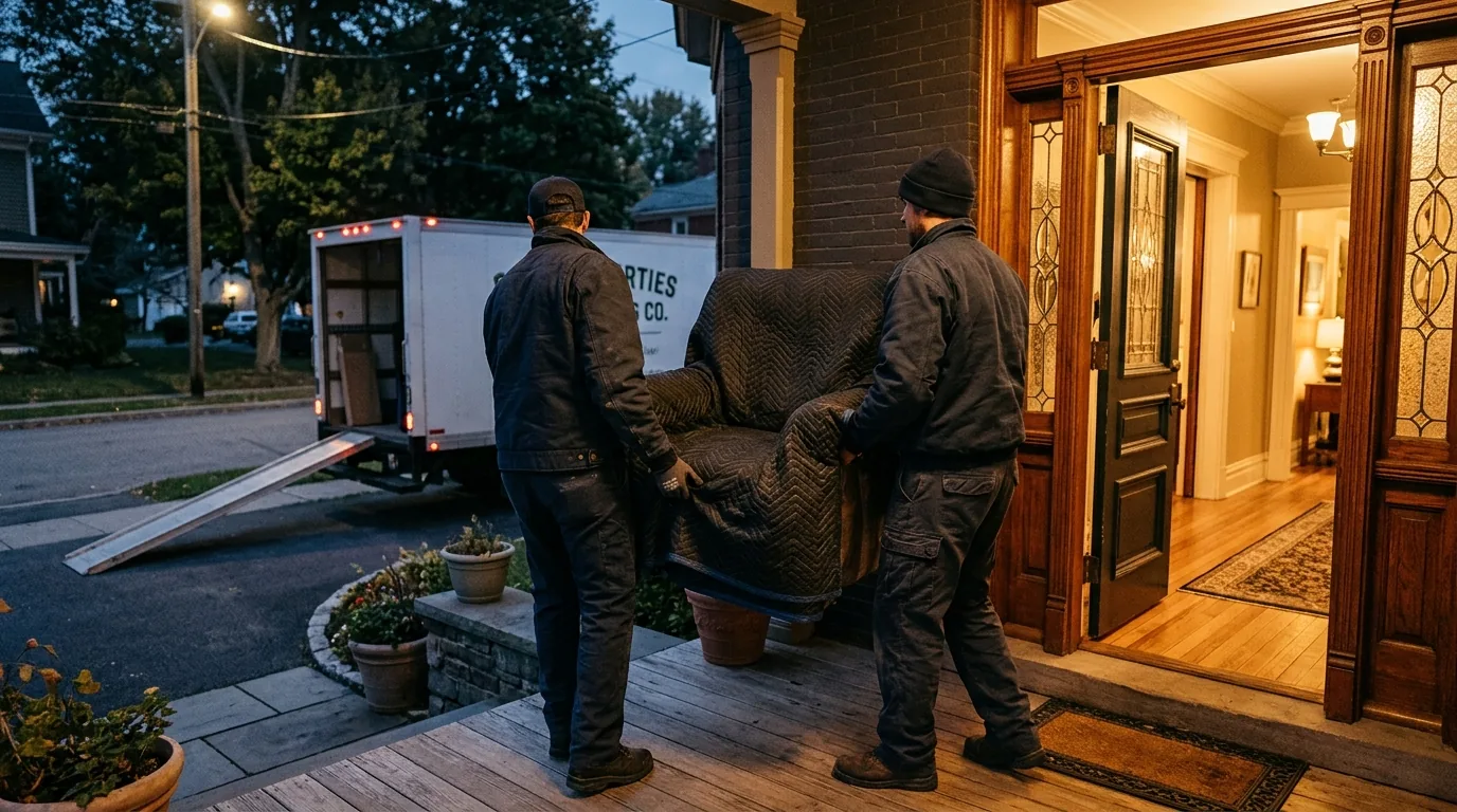 Movers carrying a wrapped chair through a Saugerties home’s doorway toward a moving truck Movers carrying a wrapped chair through a Saugerties home’s doorway toward a moving truck.
