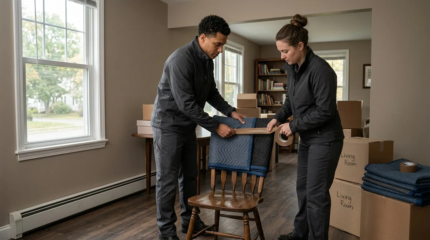 Movers wrapping a wooden chair with blankets and tape in a Stafford Springs home Movers wrapping a wooden chair with blankets and tape in a Stafford Springs home.