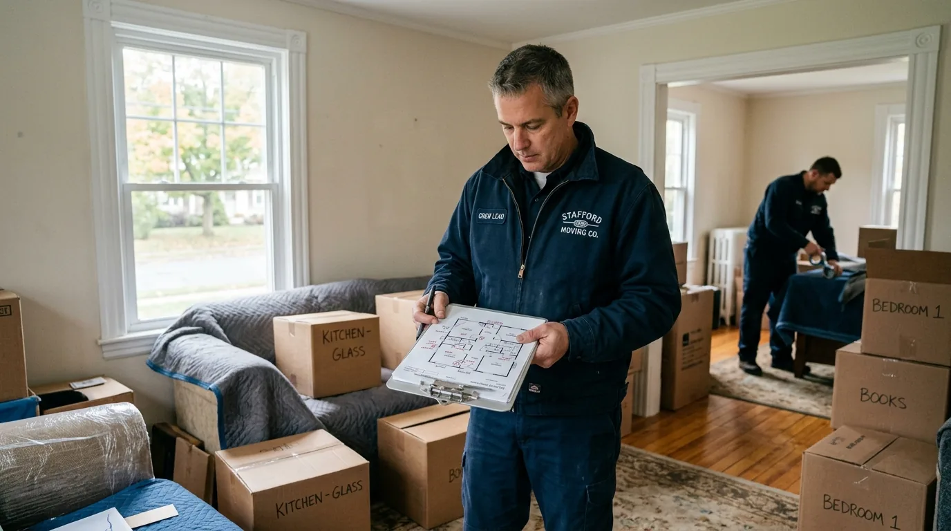 Crew lead with clipboard planning a move in a Stafford Springs living room.