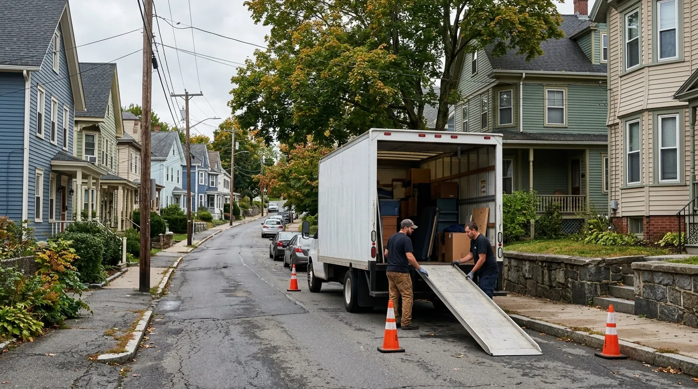Moving truck on a narrow Stafford Springs street with historic homes and cones Moving truck on a narrow Stafford Springs street with historic homes and cones.