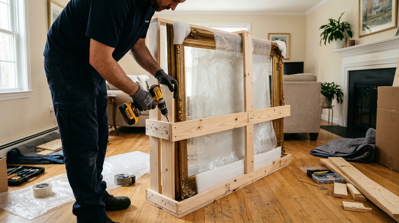 Mover crating a large mirror in a Stafford Springs home with wood and padding Mover crating a large mirror in a Stafford Springs home with wood and padding.