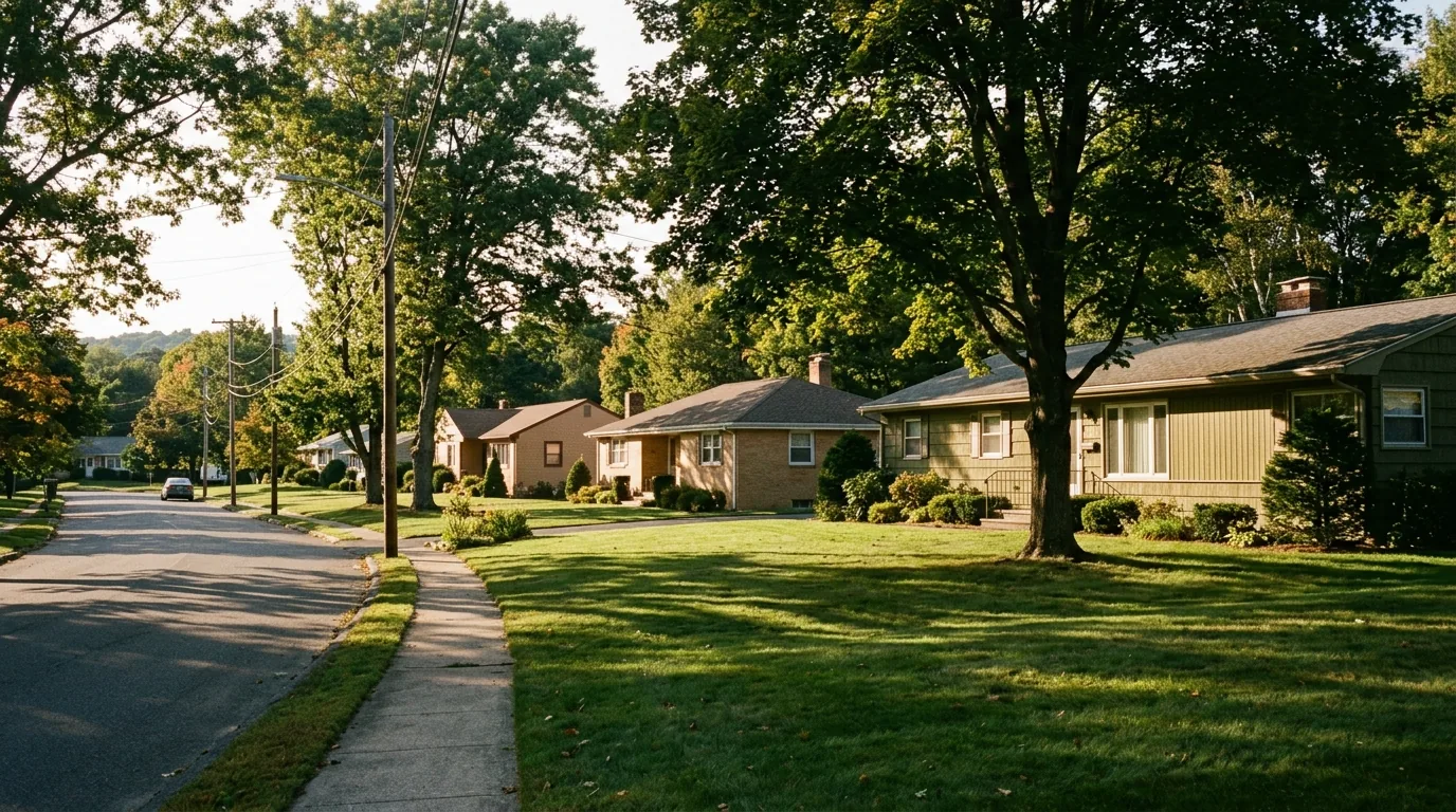 Stafford Springs neighborhood with mid-century ranch homes and wide lawns Stafford Springs neighborhood with mid-century ranch homes and wide lawns.