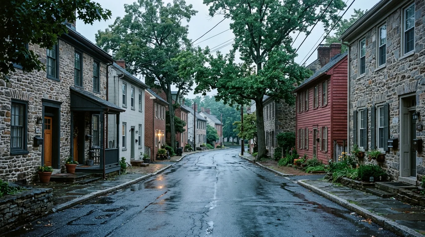 Narrow lane of historic stone and frame homes in Stockton NJ in early morning light