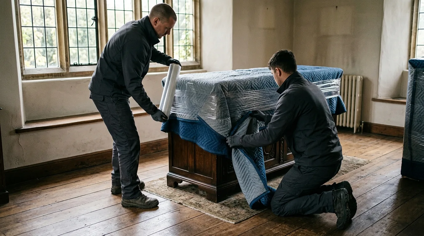 Movers blanket-wrapping a wooden sideboard inside a historic Stockton home
