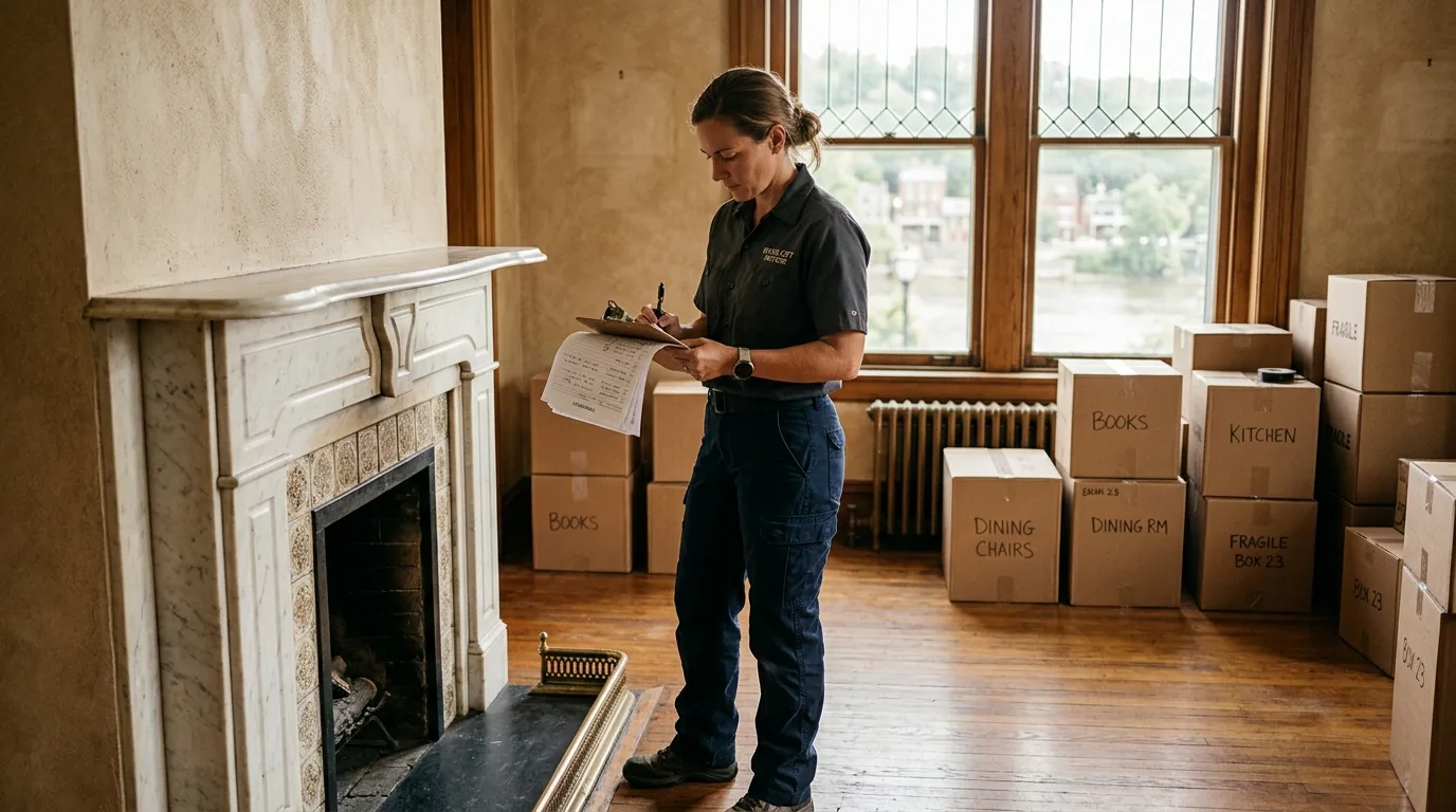 Crew lead with clipboard surveying a dining room during a Stockton NJ move estimate