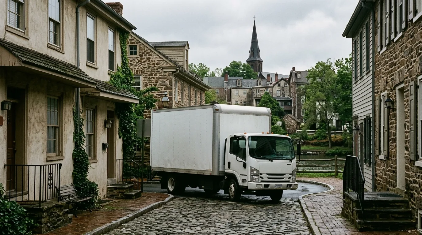 Moving truck staged on a narrow historic street near the canal in Stockton NJ Moving truck staged on a narrow historic street near the canal in Stockton NJ