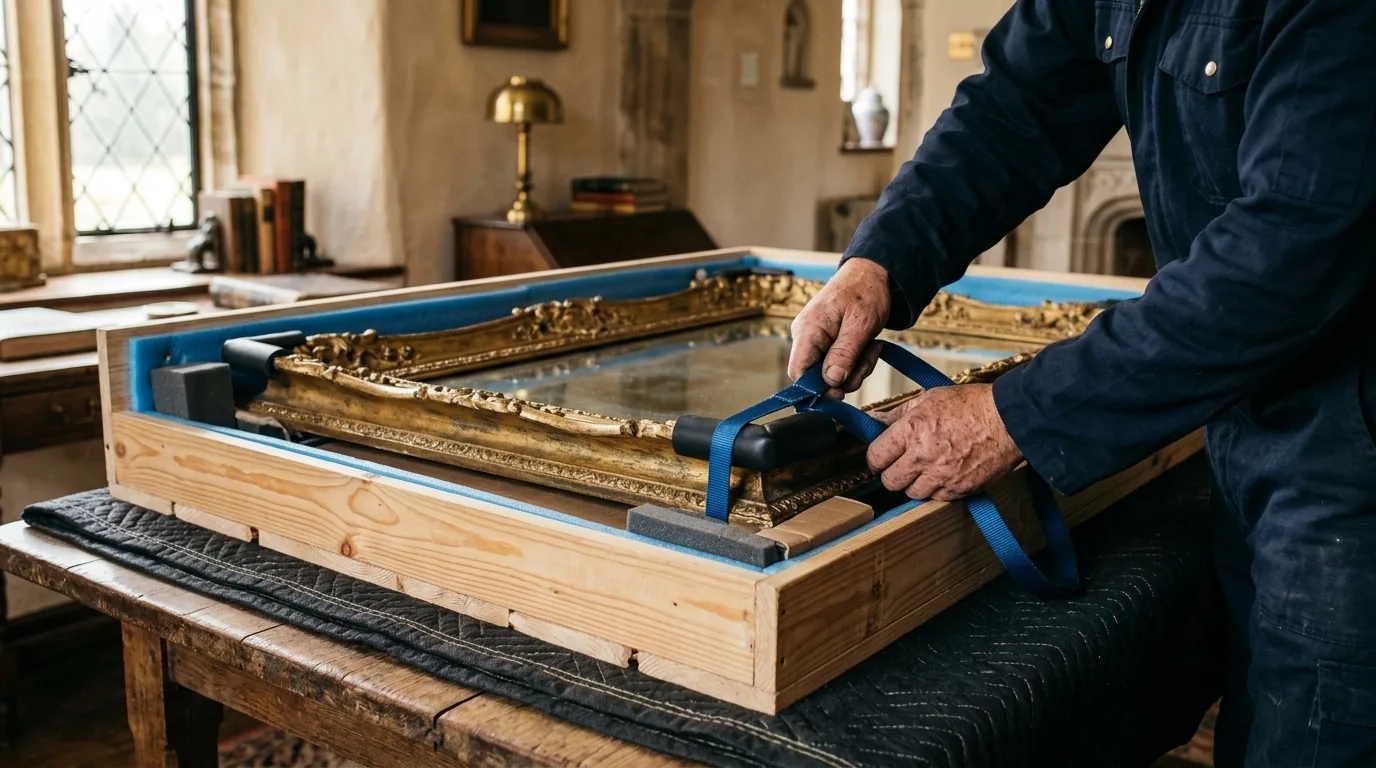 Mover custom-crating an antique gilt mirror in a Stockton NJ home