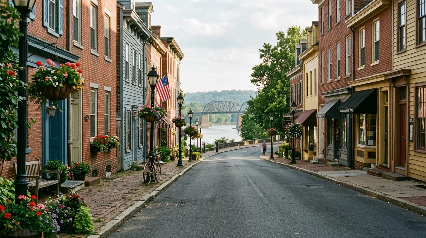 Historic main street in Lambertville NJ near Stockton with the river bridge in the distance Historic main street in Lambertville NJ near Stockton with the river bridge in the distance