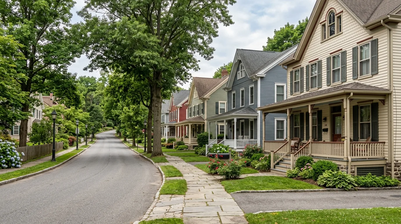 Historic homes with wood siding and porches on a quiet Sussex, NJ street.