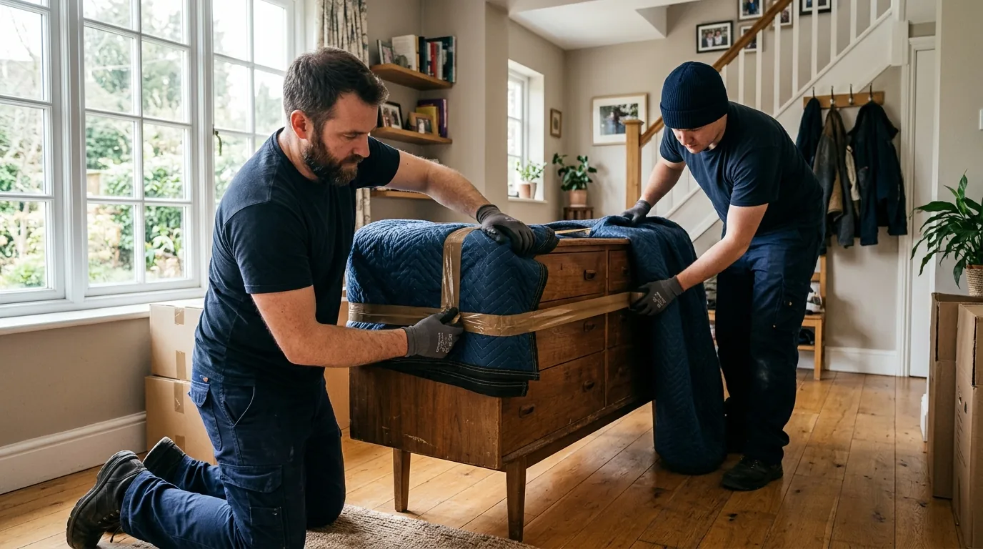 Movers wrapping a wooden dresser with blankets and tape inside a Sussex home Movers wrapping a wooden dresser with blankets and tape inside a Sussex home.