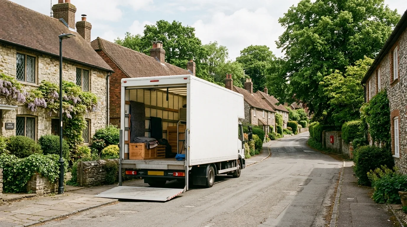 Moving truck parked on a narrow residential street in Sussex, NJ.