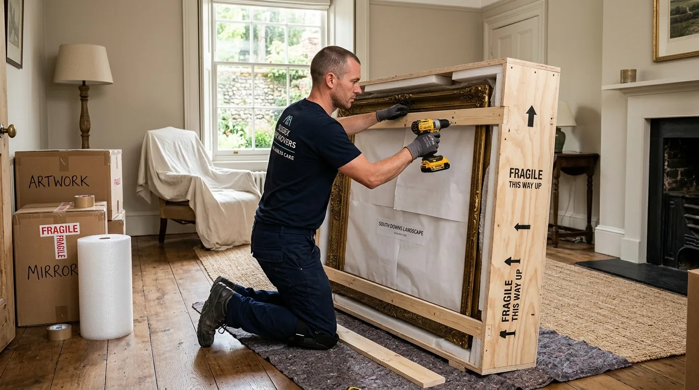 Mover crating a large mirror in a Sussex, NJ home Mover crating a large mirror in a Sussex, NJ home.