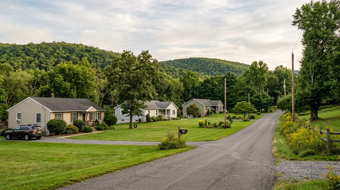 Ranch homes and open lawns along a rural road on the edge of Sussex, NJ.