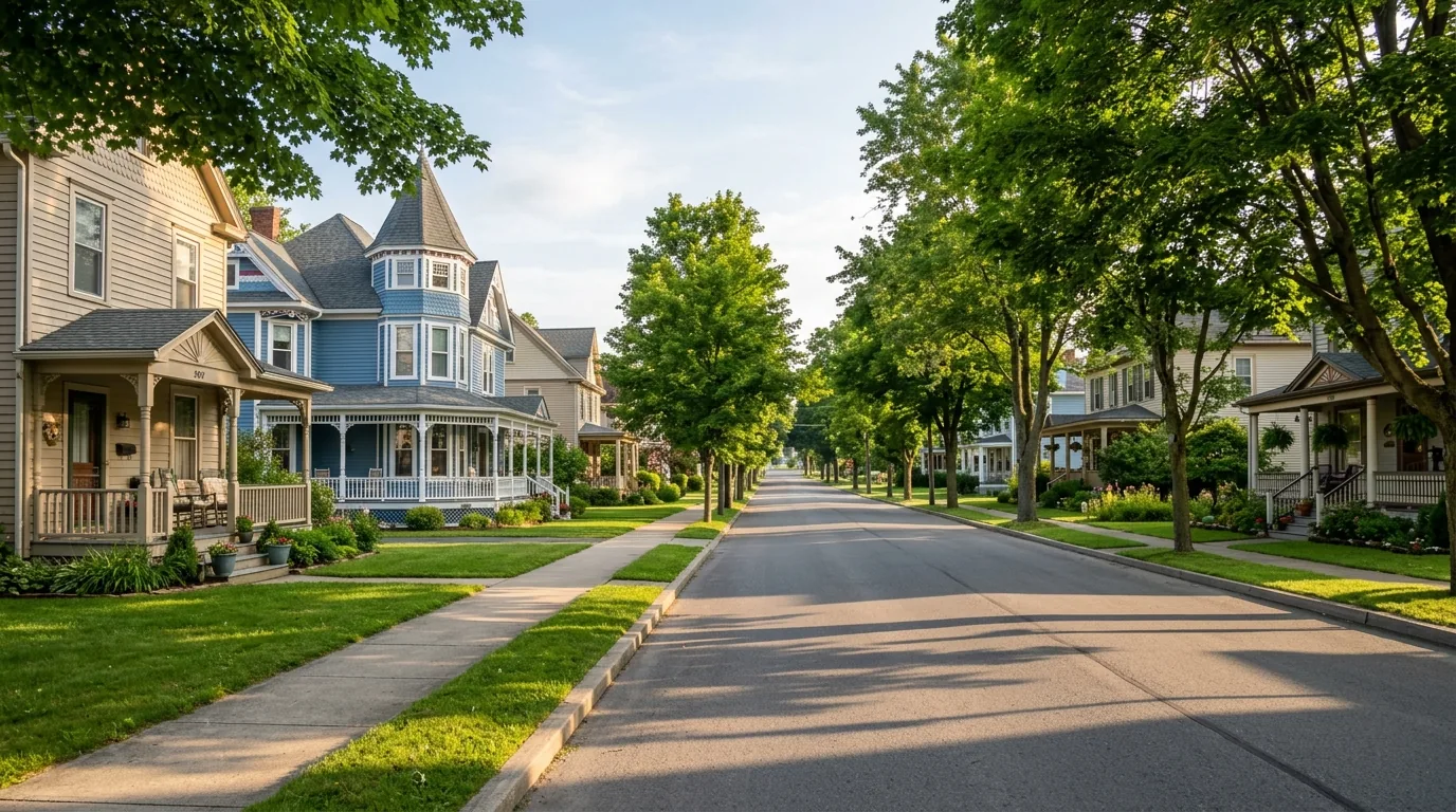 Tree-lined street in Towanda, PA with historic Victorian and Colonial homes in morning light Tree-lined street in Towanda, PA with historic Victorian and Colonial homes in morning light.