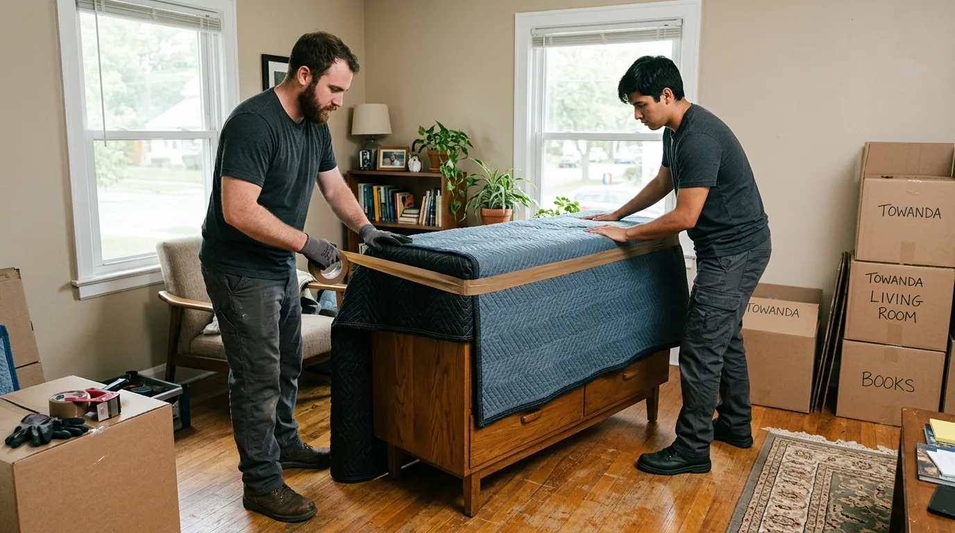 Movers wrapping a wooden dresser with blankets and tape inside a Towanda home Movers wrapping a wooden dresser with blankets and tape inside a Towanda home.