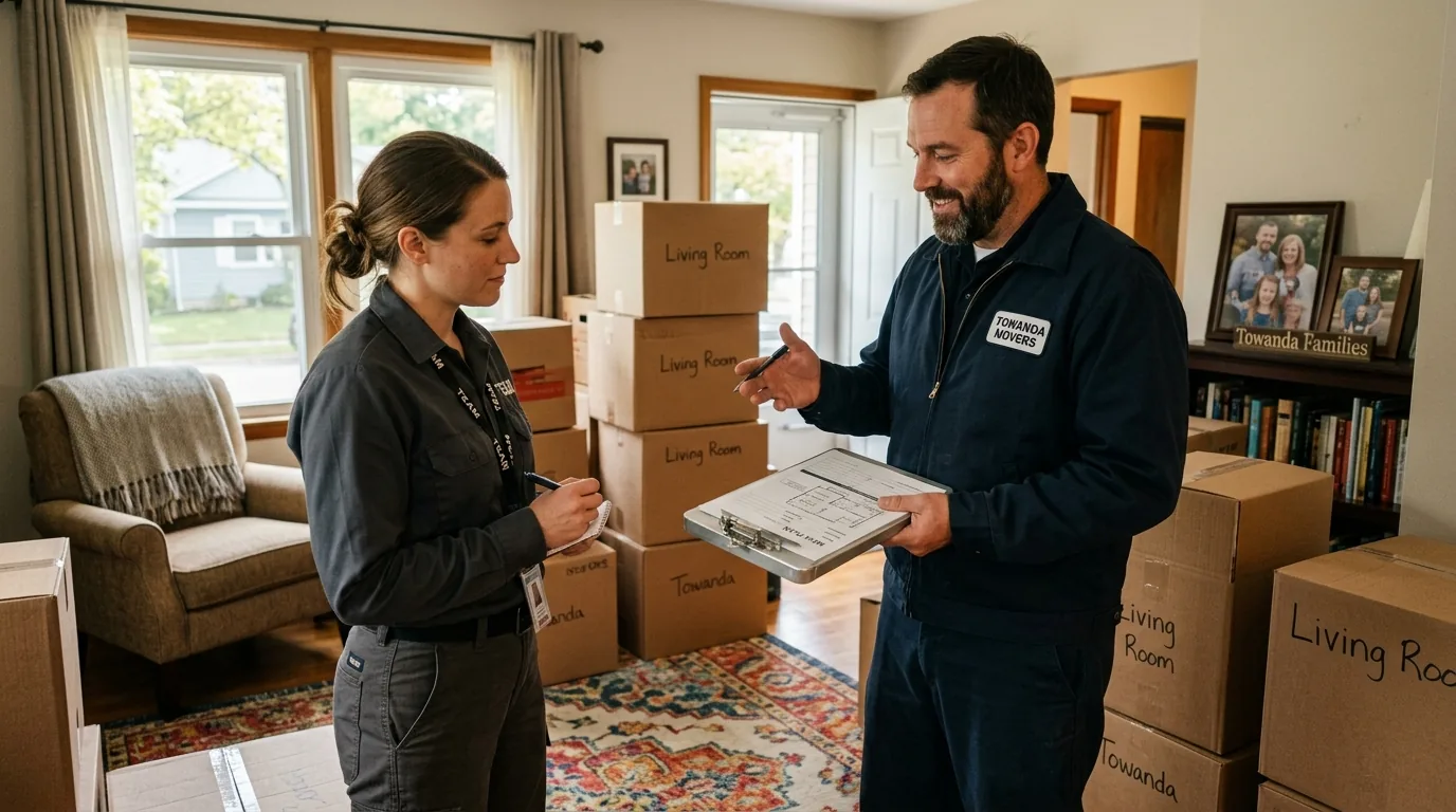 Crew lead with clipboard planning a move in a lived-in Towanda house.