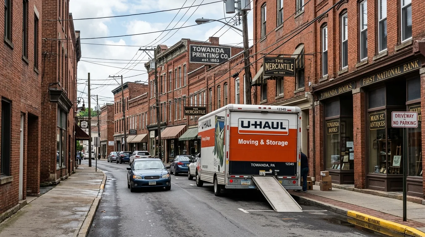 Moving truck parked on a narrow street in downtown Towanda, PA with brick buildings nearby Moving truck parked on a narrow street in downtown Towanda, PA with brick buildings nearby.
