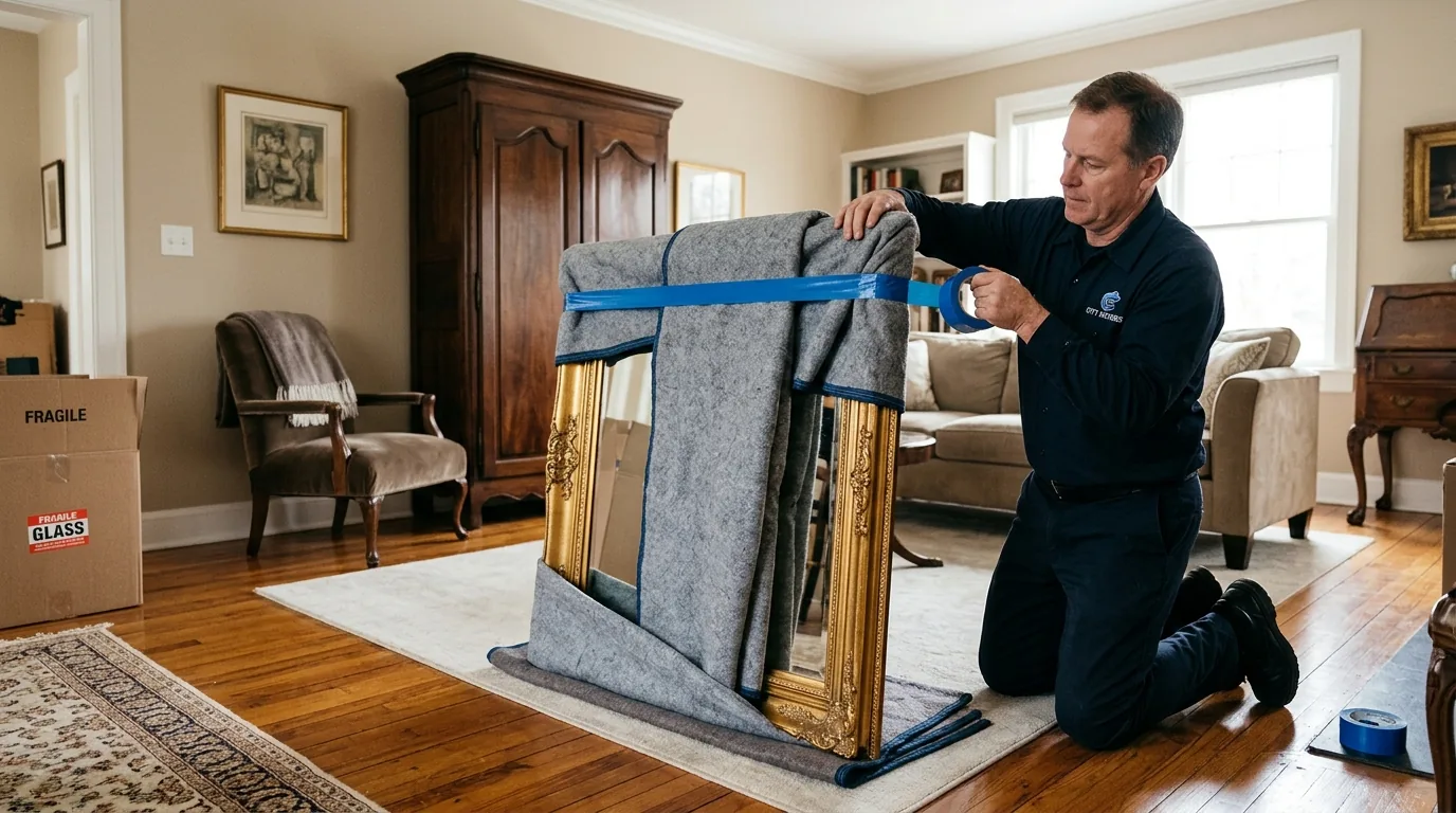 Mover wrapping a large framed mirror with blankets and tape in a Towanda living room Mover wrapping a large framed mirror with blankets and tape in a Towanda living room.