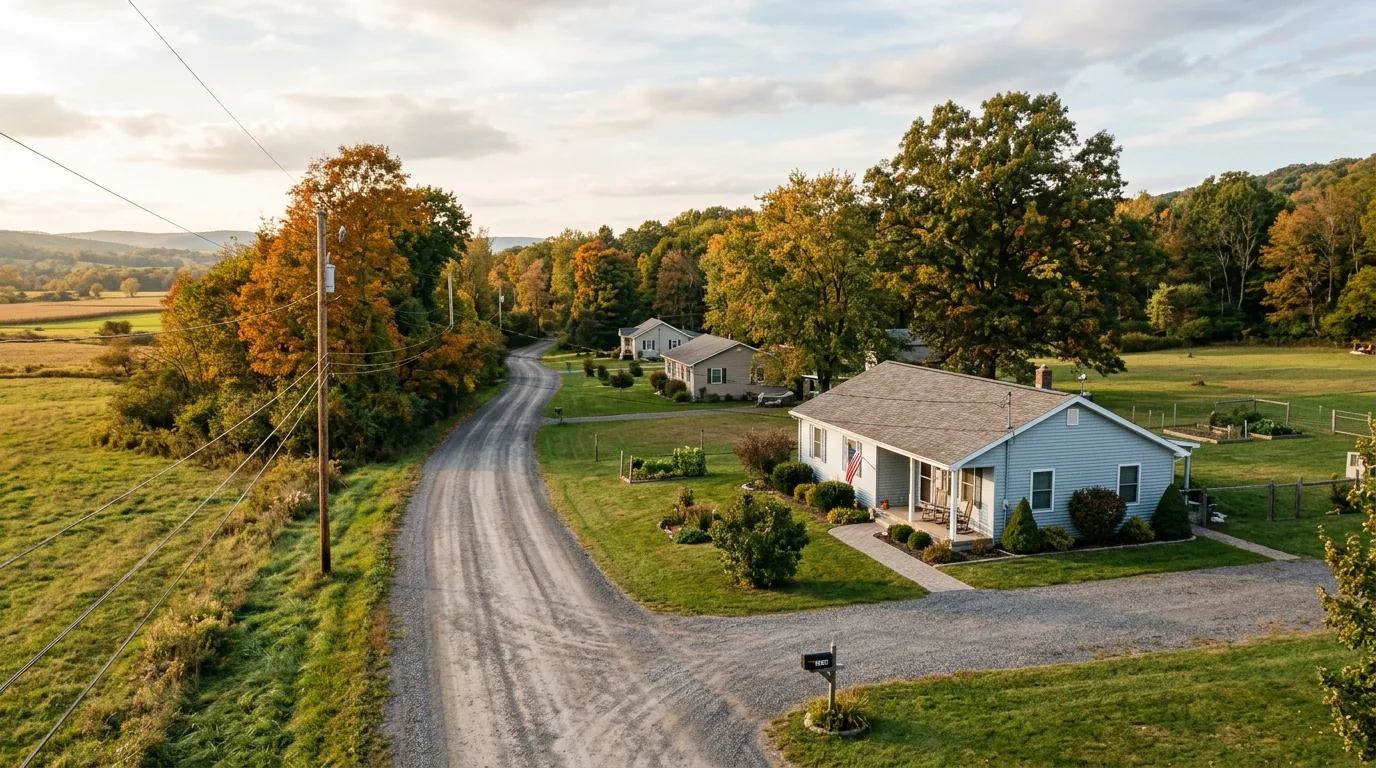 Residential lane on Towanda’s outskirts with single-family homes and large yards Residential lane on Towanda’s outskirts with single-family homes and large yards.