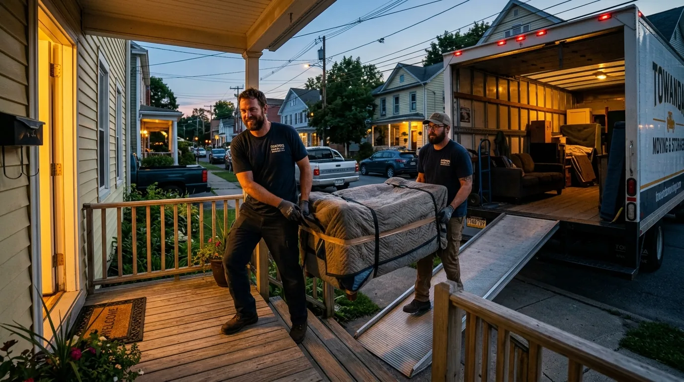 Movers carrying a wrapped furniture piece into a truck at dusk on a Towanda street Movers carrying a wrapped furniture piece into a truck at dusk on a Towanda street.