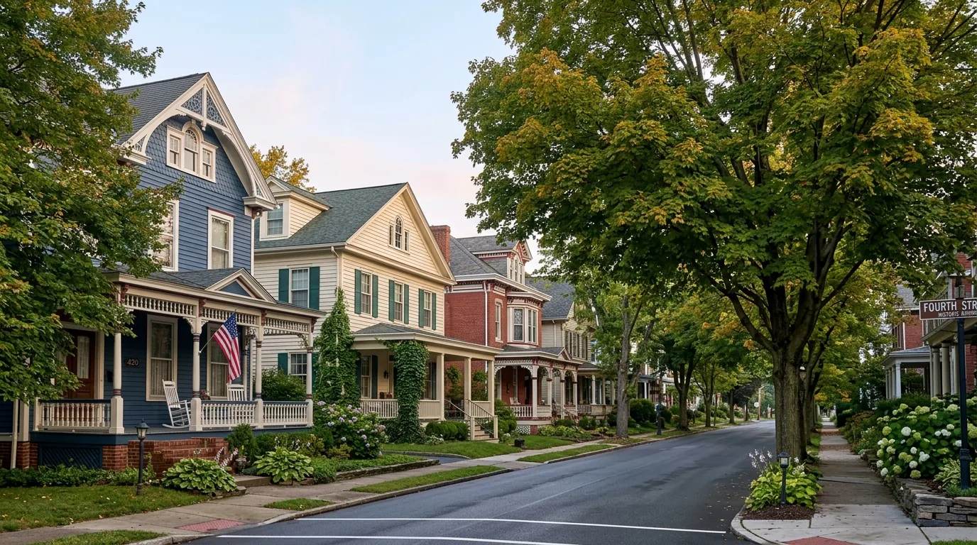 Tree-lined Williamsport street with historic Victorian and colonial homes in morning light Tree-lined Williamsport street with historic Victorian and colonial homes in morning light.