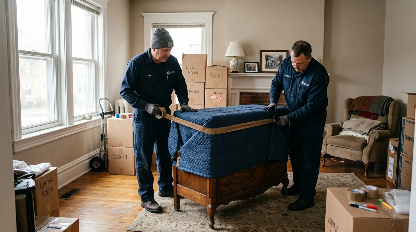 Movers wrapping a dresser with blankets and tape in a Williamsport home.