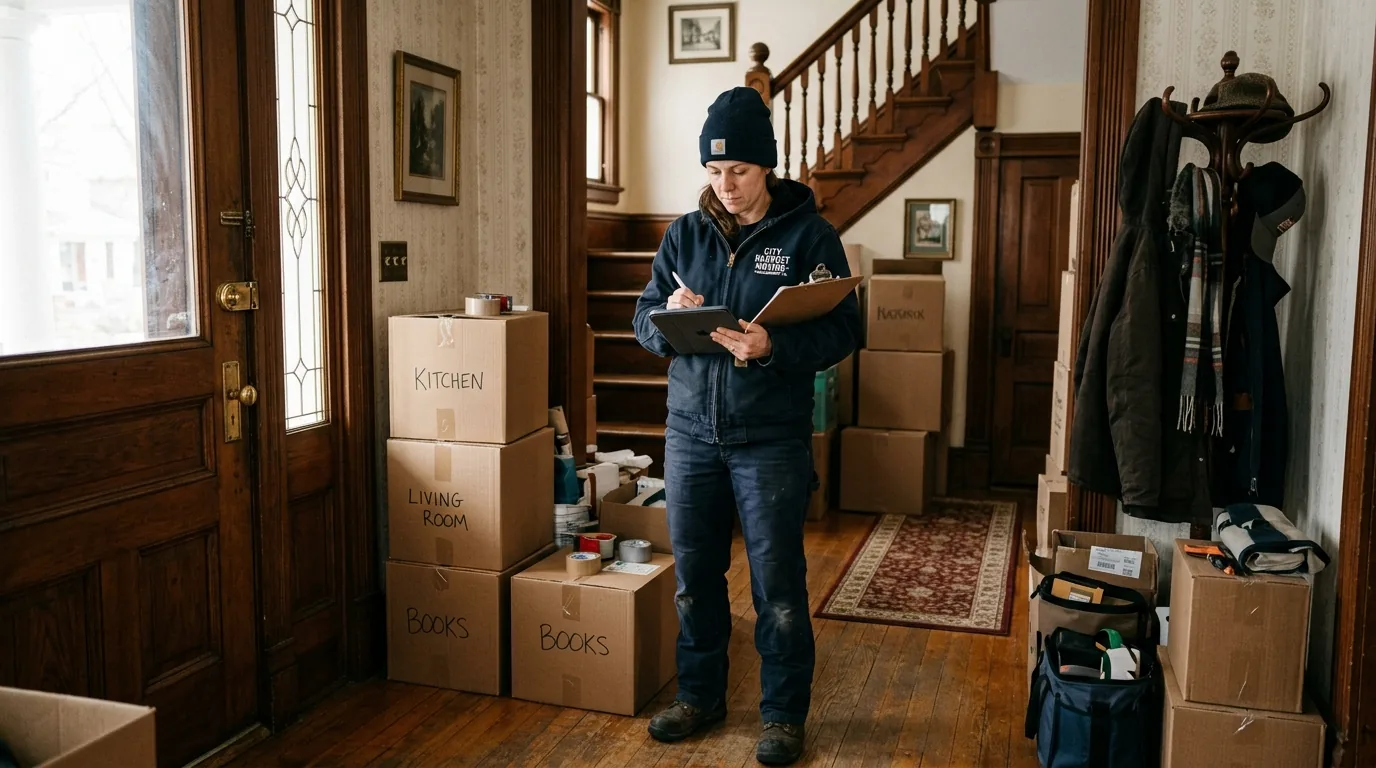 Mover with clipboard planning a move in a Williamsport home entryway Mover with clipboard planning a move in a Williamsport home entryway.