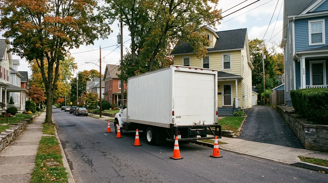 Moving truck staged on a narrow Williamsport street with cones and older homes Moving truck staged on a narrow Williamsport street with cones and older homes.