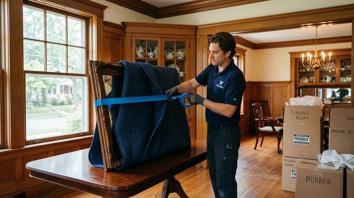 Mover wrapping a large mirror with blankets in a Williamsport dining room Mover wrapping a large mirror with blankets in a Williamsport dining room.