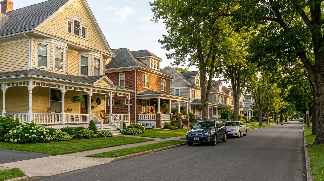 West End Williamsport street with large historic homes and lawns in afternoon light.