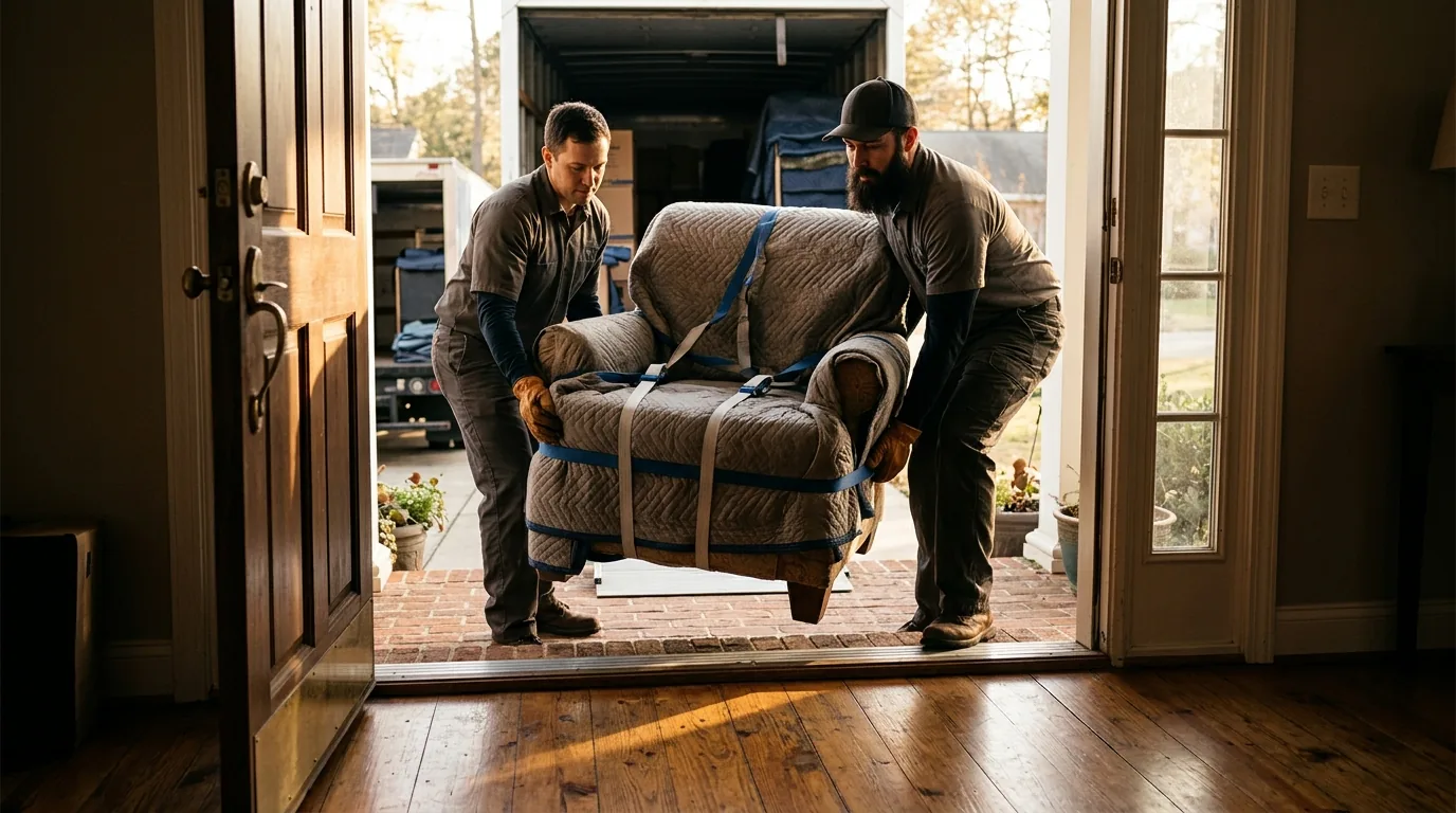 Carrying a protected chair through a doorway Two movers carrying a padded armchair through a front doorway.