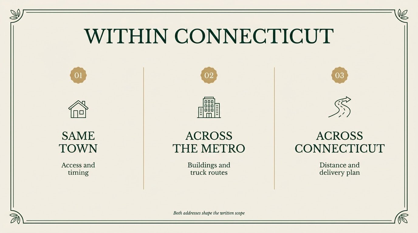 Within Connecticut: same town, across the metro, across the state Within Connecticut: same town, across the metro, across the state