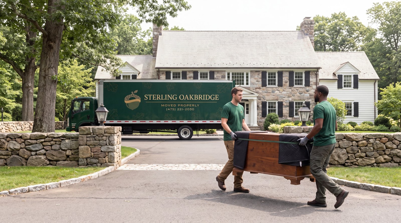 Illustrative Sterling Oakbridge crew carrying protected furniture at a Connecticut home Illustrative Sterling Oakbridge crew carrying protected furniture at a Connecticut home