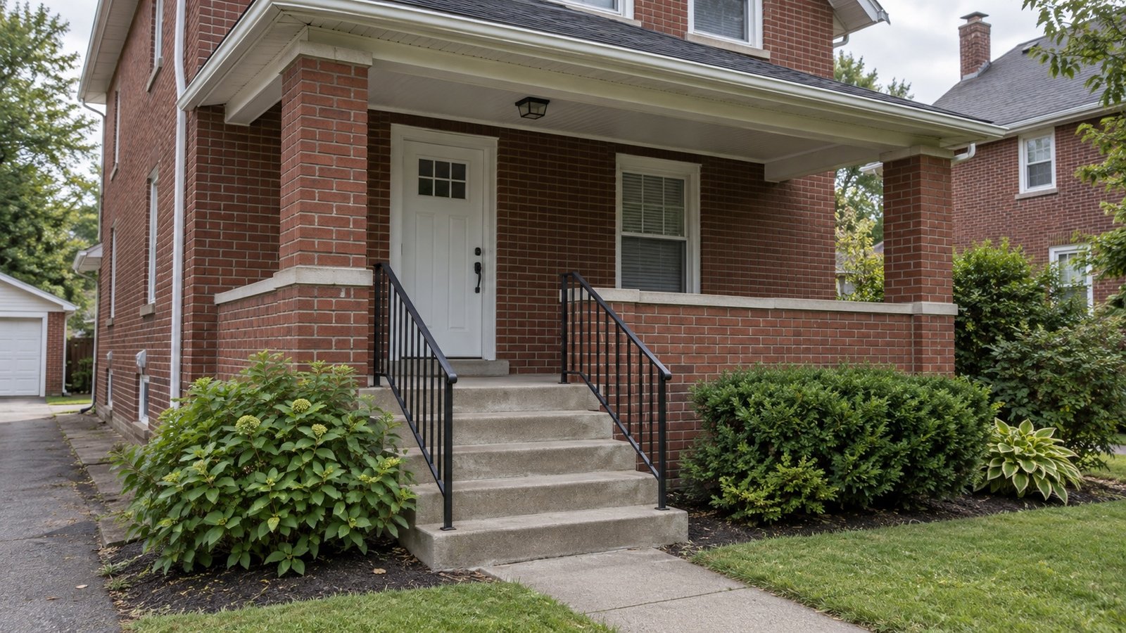 Concrete porch steps and continuous black handrails at a red-brick house