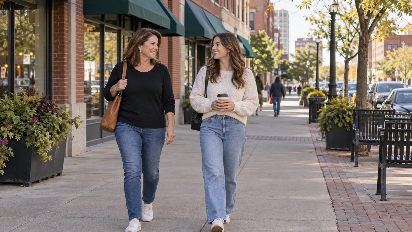 Two adult women walking beside brick storefronts and green awnings