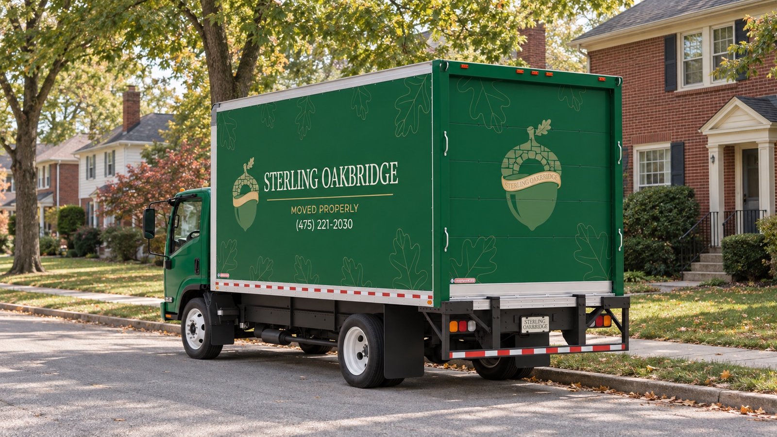 Green Sterling Oakbridge box truck with a closed rear door beside a residential curb