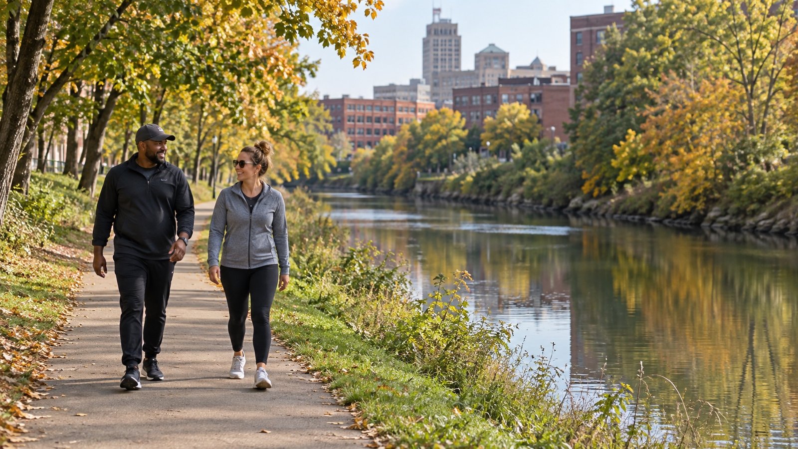 Two adults walking along a paved path beside calm water and autumn trees