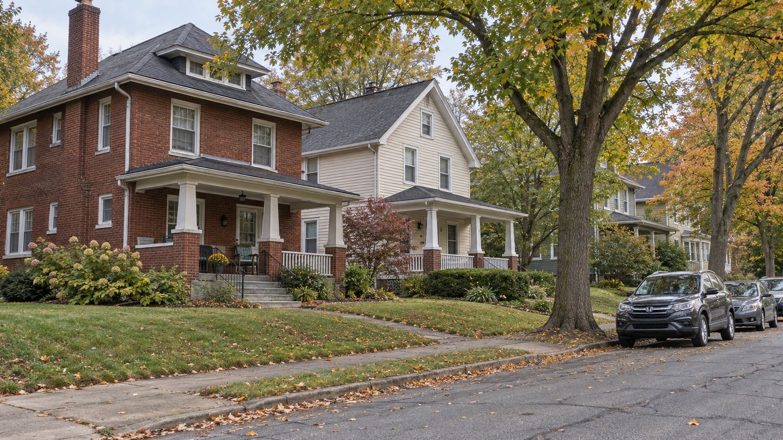 Red-brick and cream clapboard porched houses beside a leafy residential street
