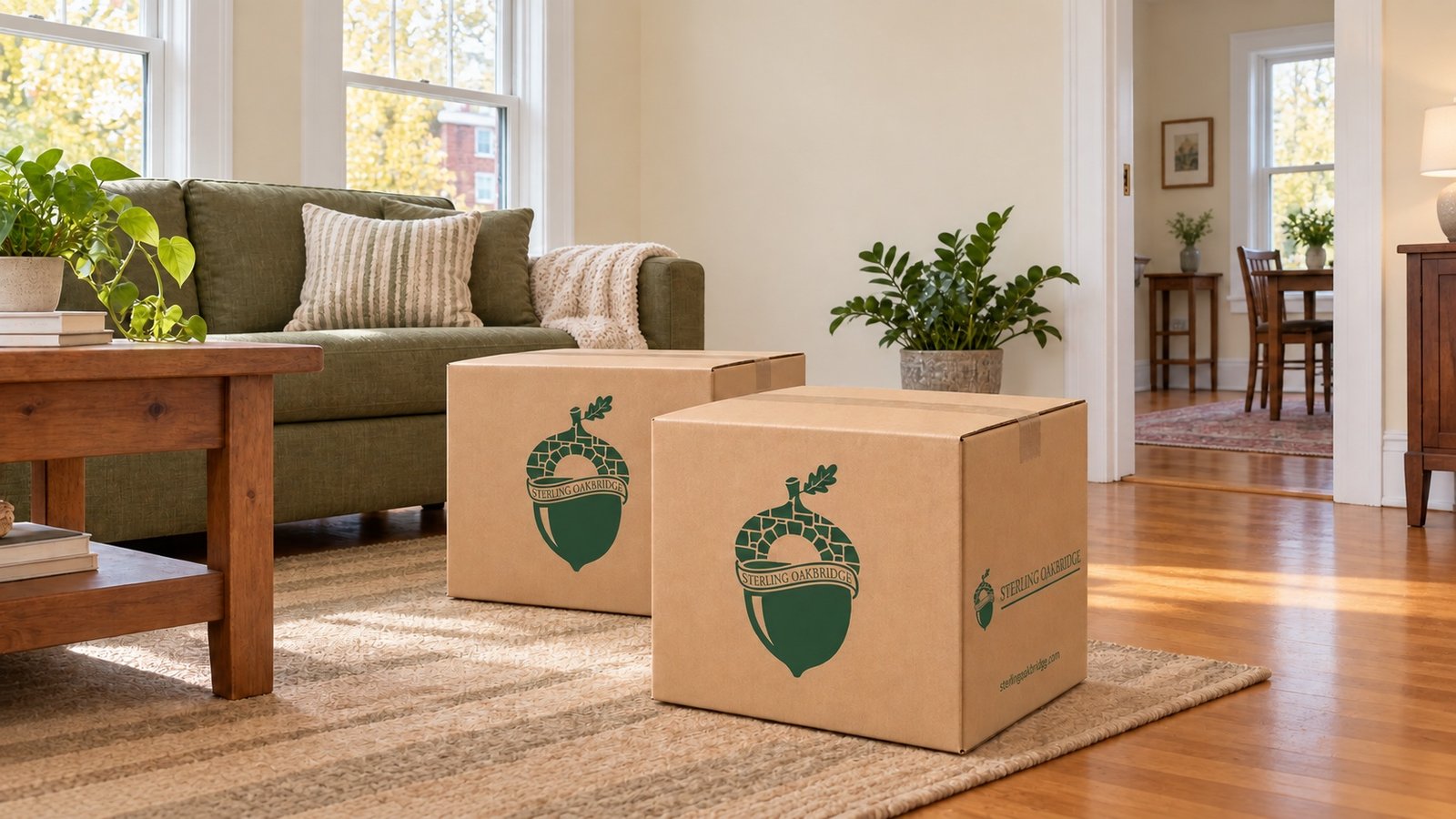 Two closed branded kraft cartons beside an olive sofa in a bright living room