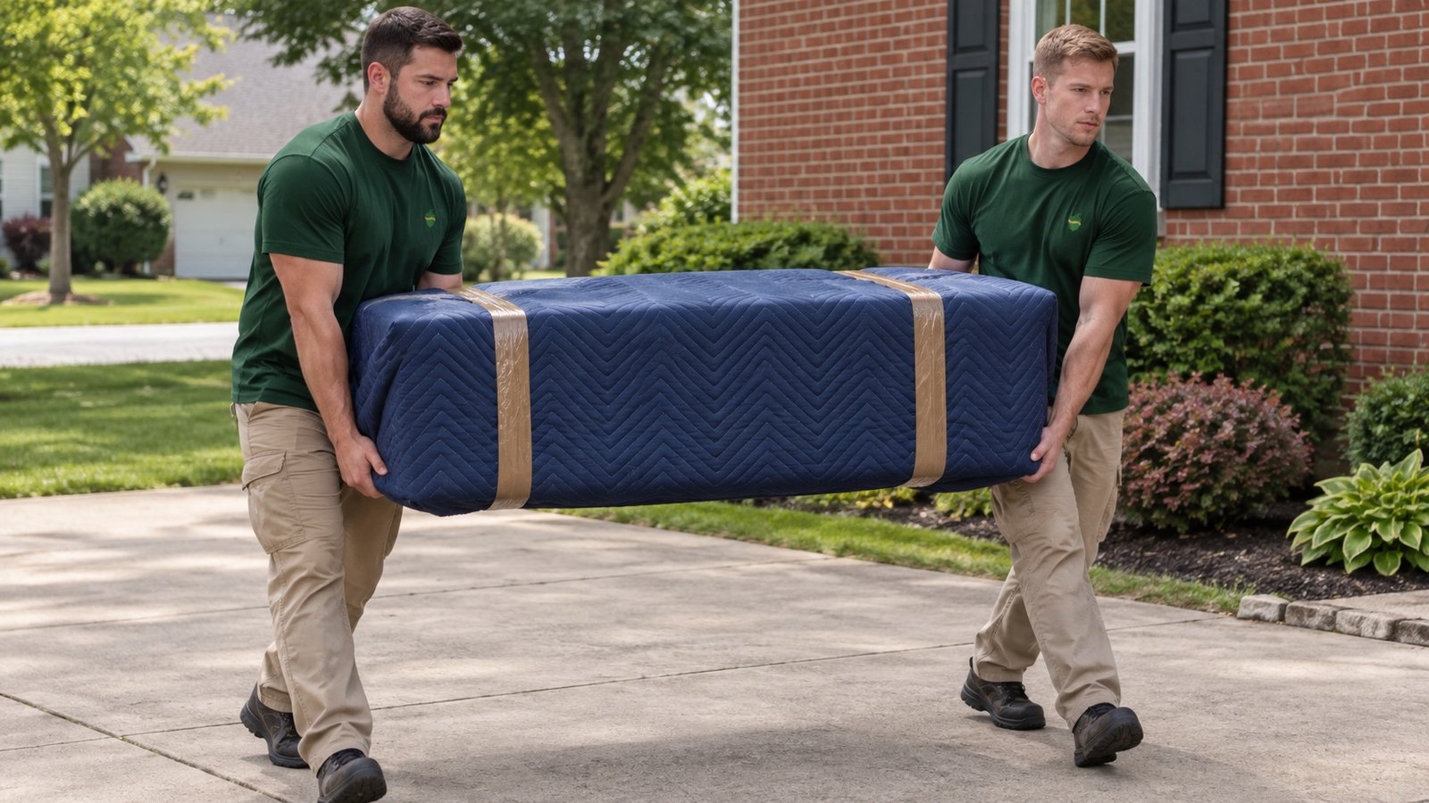 Two movers carrying a rectangular piece fully wrapped in a navy blanket with brown tape
