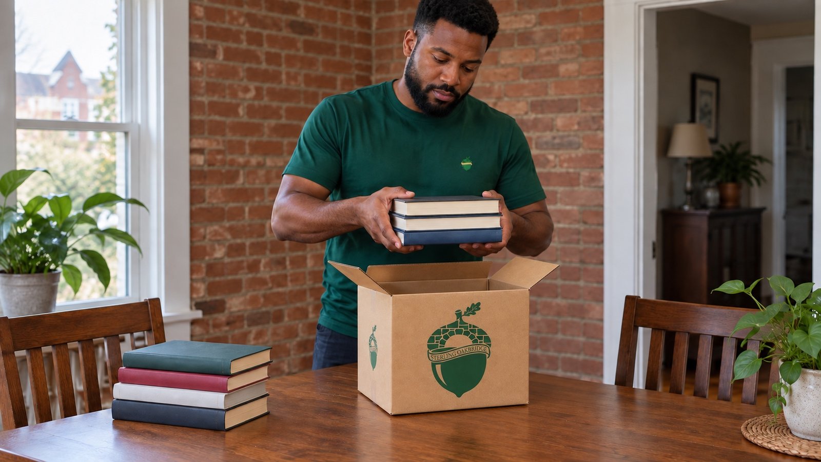 Mover in a green crewneck supporting three books above a small branded kraft carton