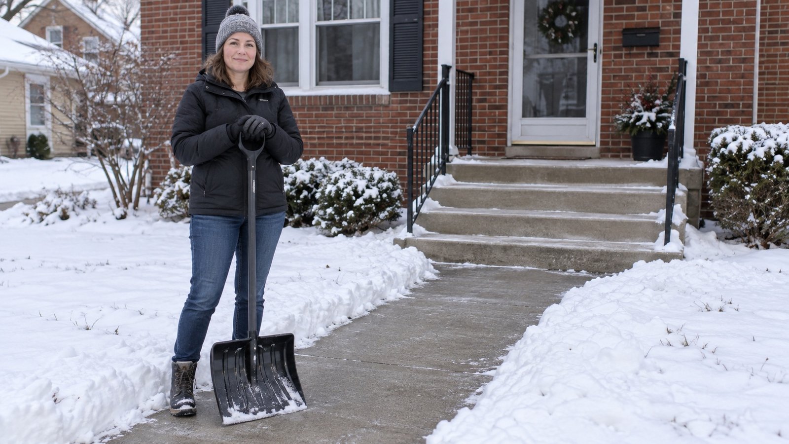 Woman with a snow shovel beside a cleared path and brick porch