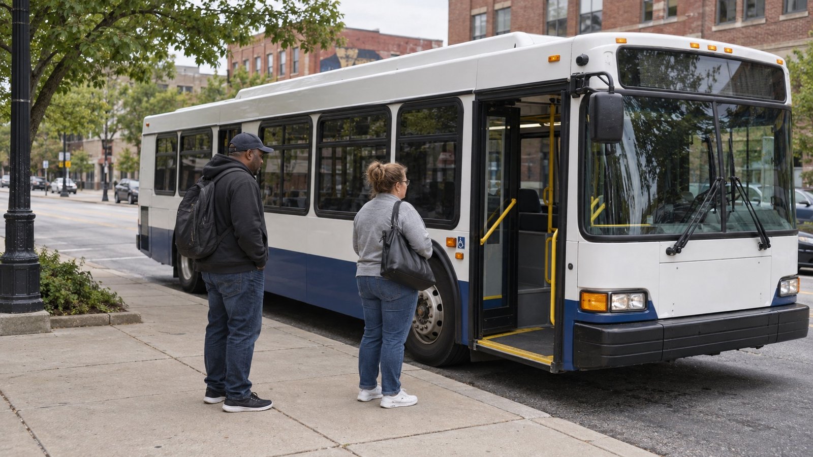 Two adults waiting beside the curb-facing passenger door of a white and navy bus