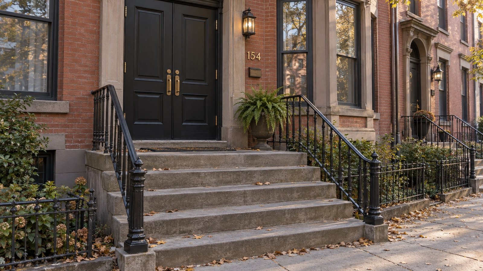 Brick rowhouse entrance with correctly hinged double doors, central handles and broad stone steps