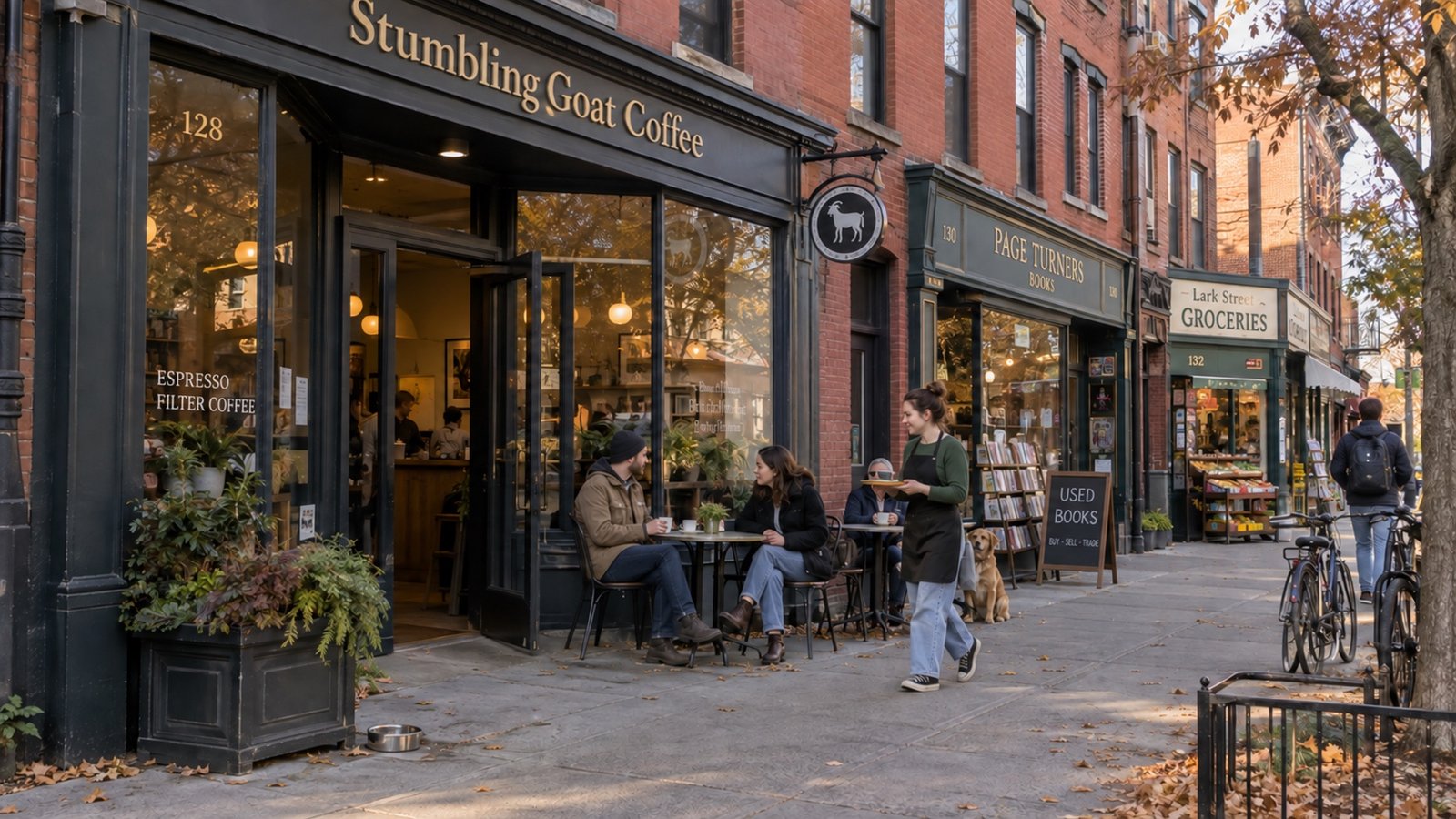 Albany-style brick storefronts with cafe tables beside the windows and an unobstructed entrance