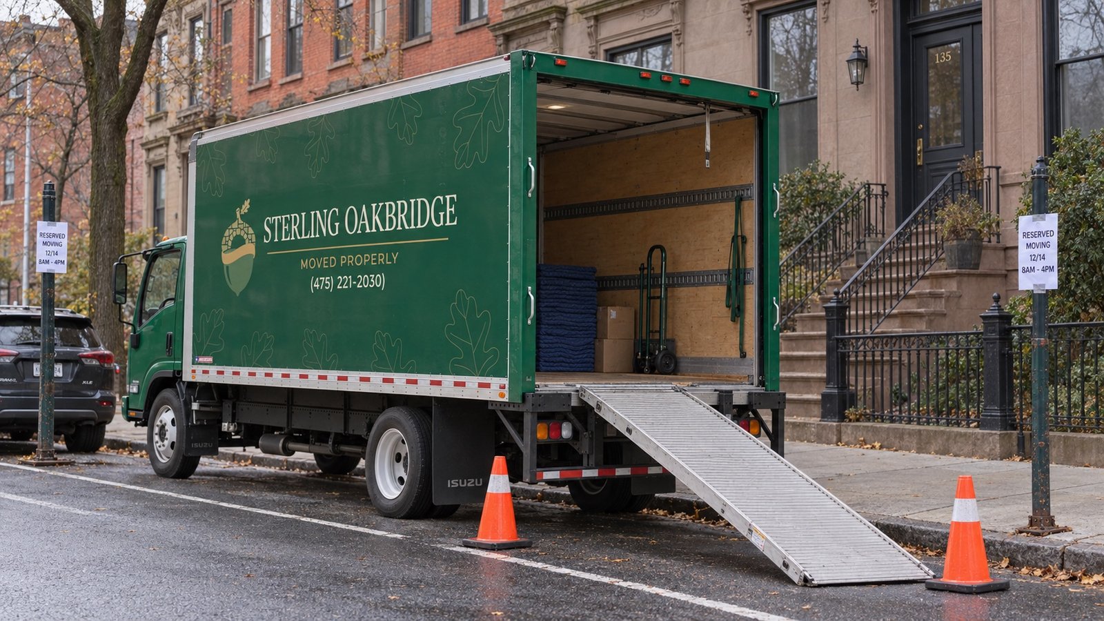 A dark green moving truck with an open rear door and a ramp resting by a residential curb.