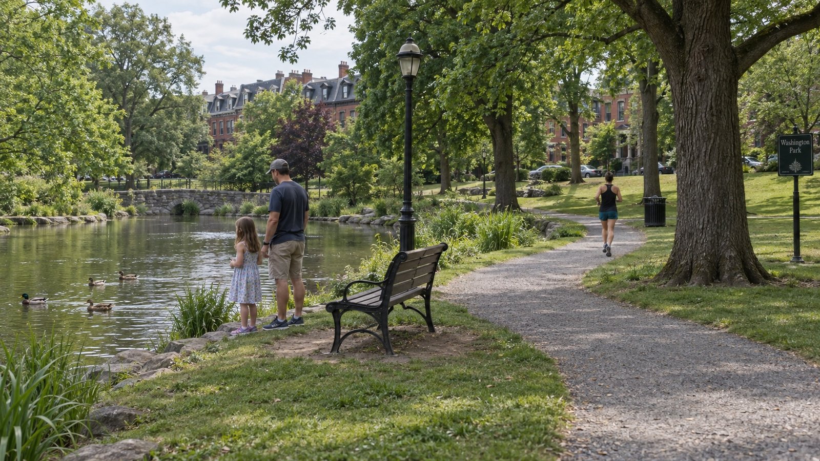 A public park lawn with mature trees, curved paths and rowhouses above the tree line.